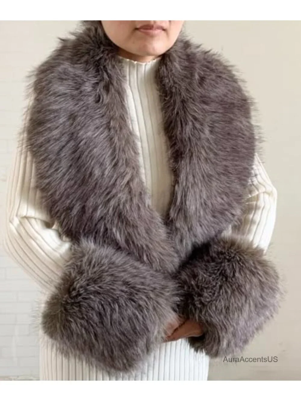 Faux Fur Scarf & Wrist Cuff Set - Fluffy Warm Winter Shawl